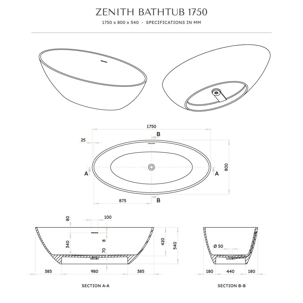 Zenith Matte Black Freestanding Stone Bath 1750mm | Aquaroc