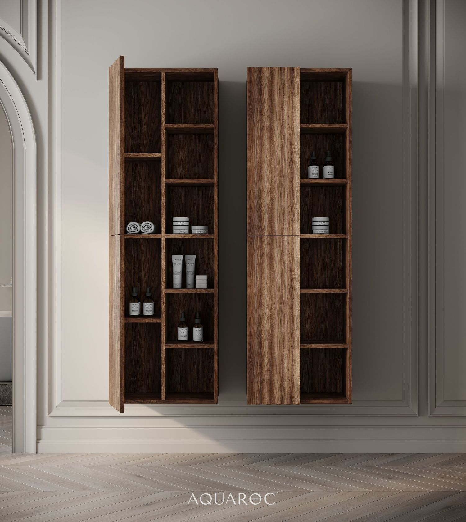 Wall Hung Fluted Bathroom Storage Unit 500mm Walnut From Aquaroc