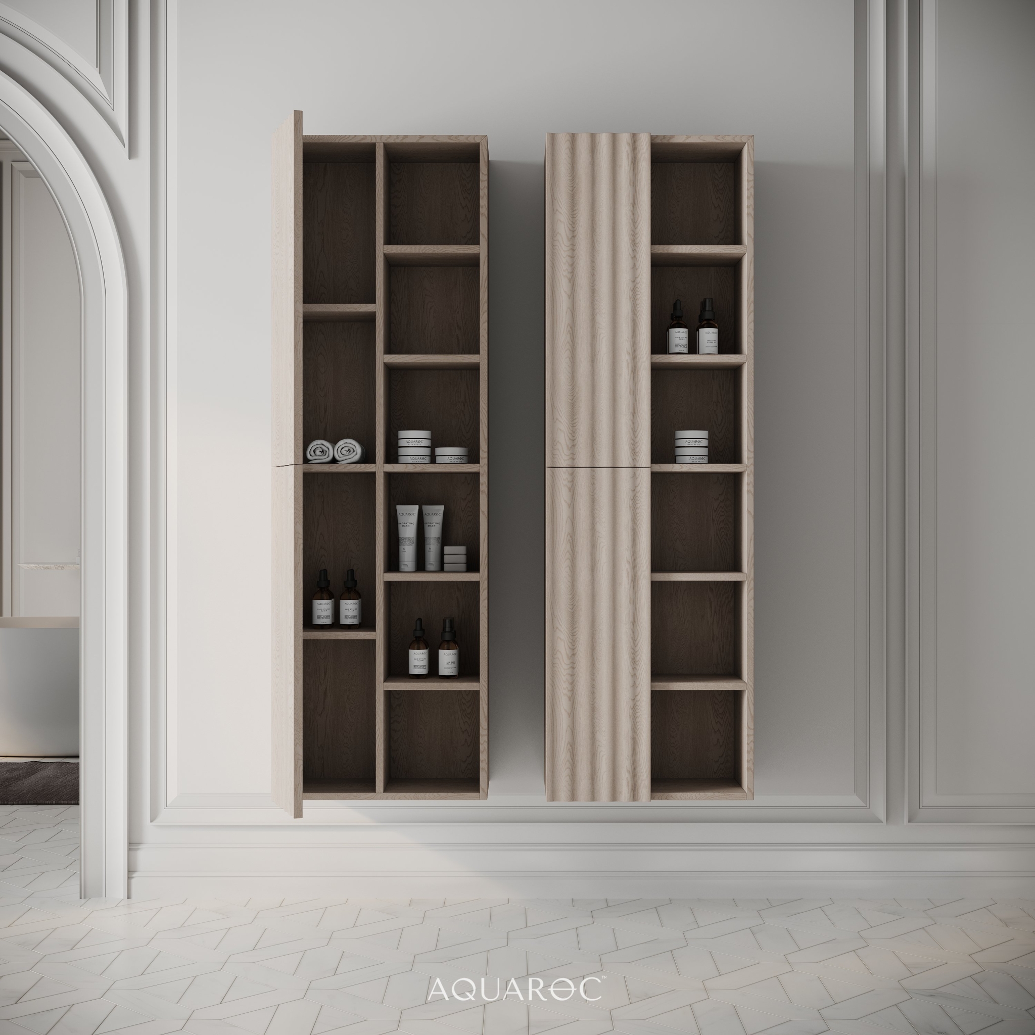 Fluted Storage Unit Wall Hung Fluted Bathroom Storage Unit 500mm Natural Oak From Aquaroc