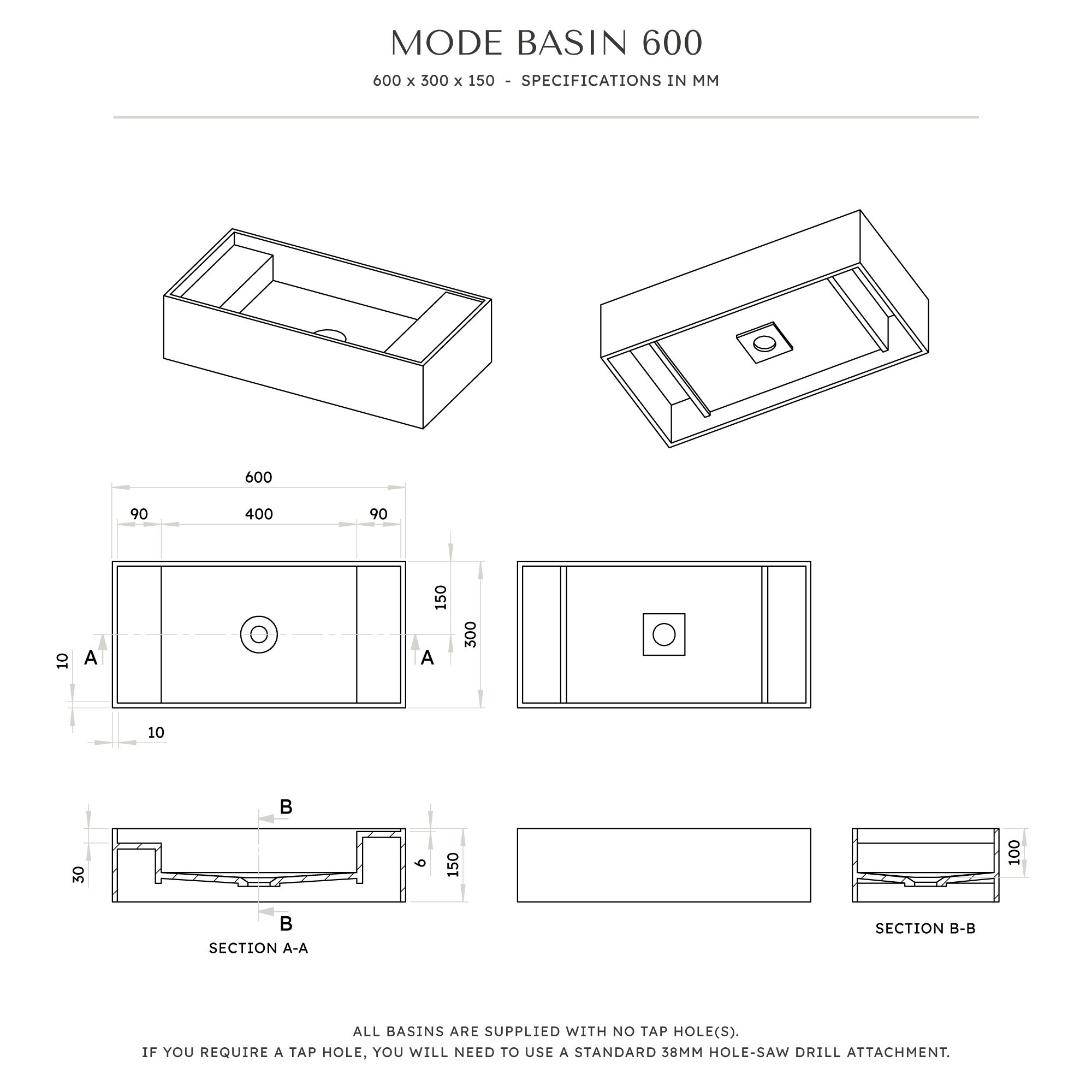 Mode Wall Hung Stone Basin 600mm | Aquaroc