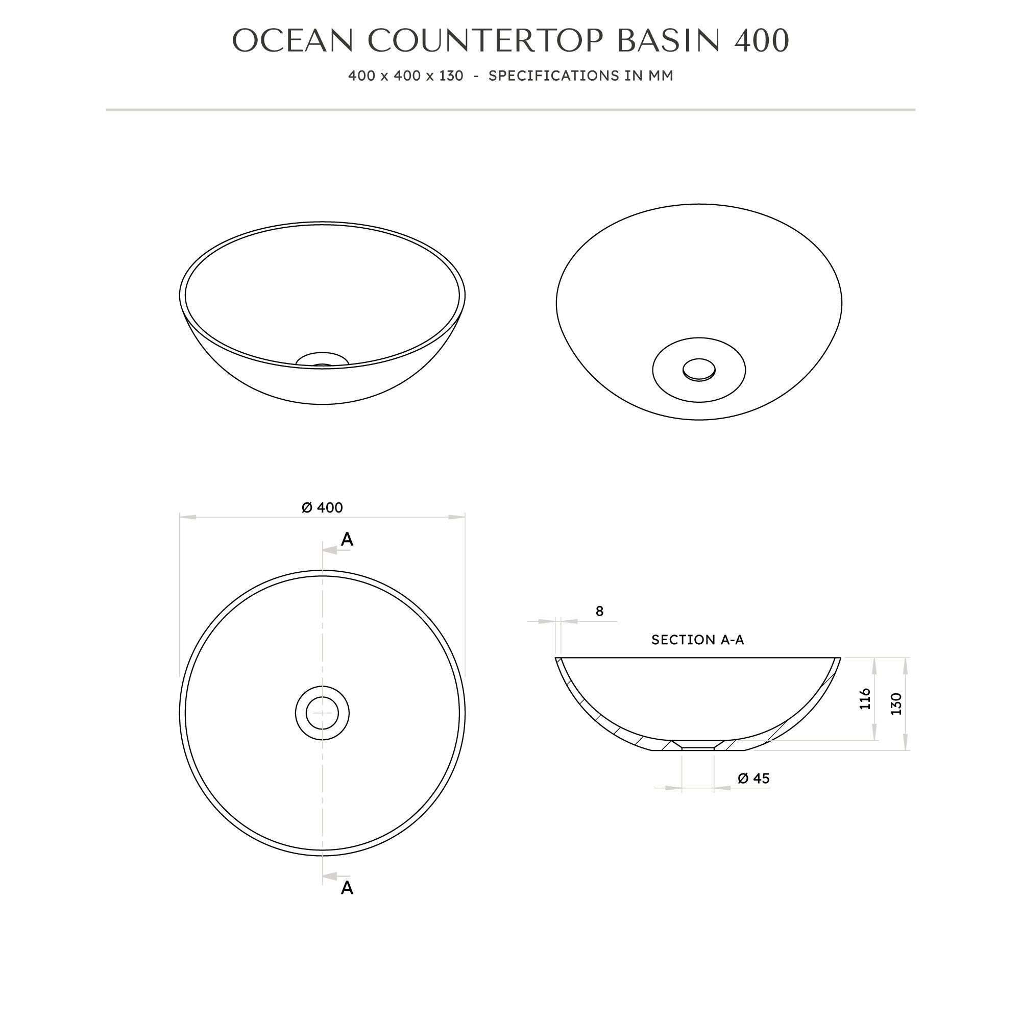 Ocean Round Countertop Stone Basin 400mm Aquaroc