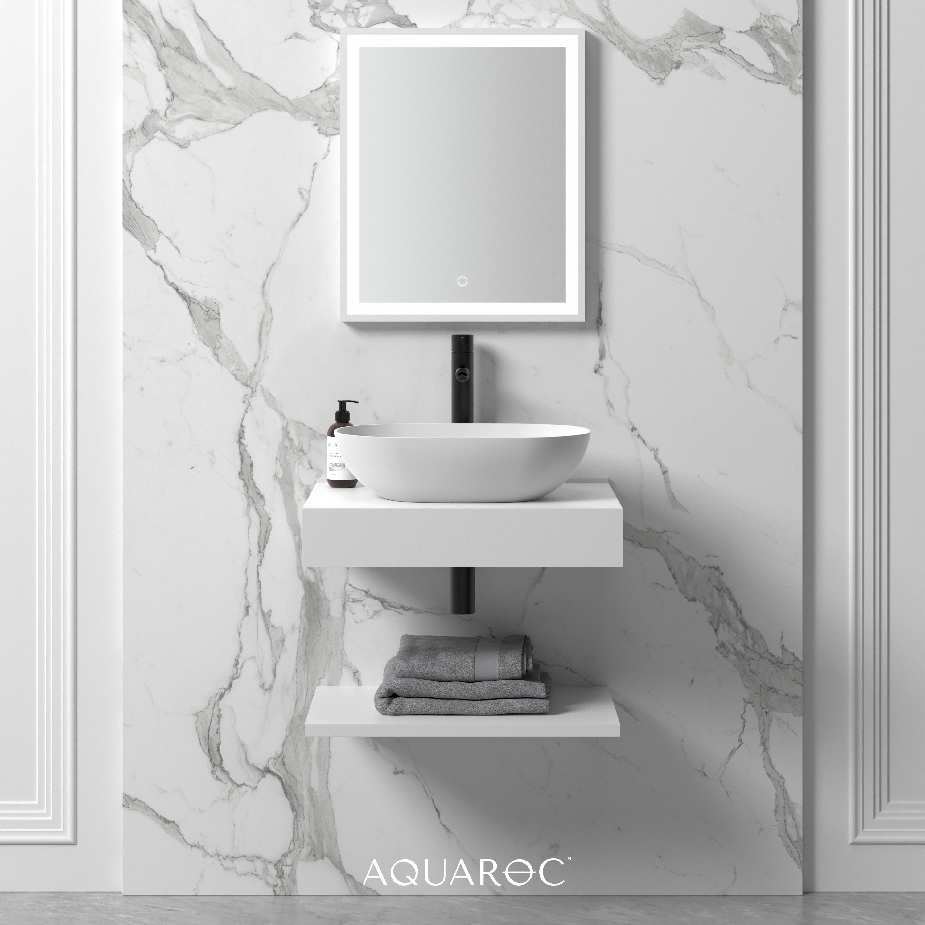 Wall Hung Solid Surface Stone Resin Countertop Basin Shelf 600 Aquaroc