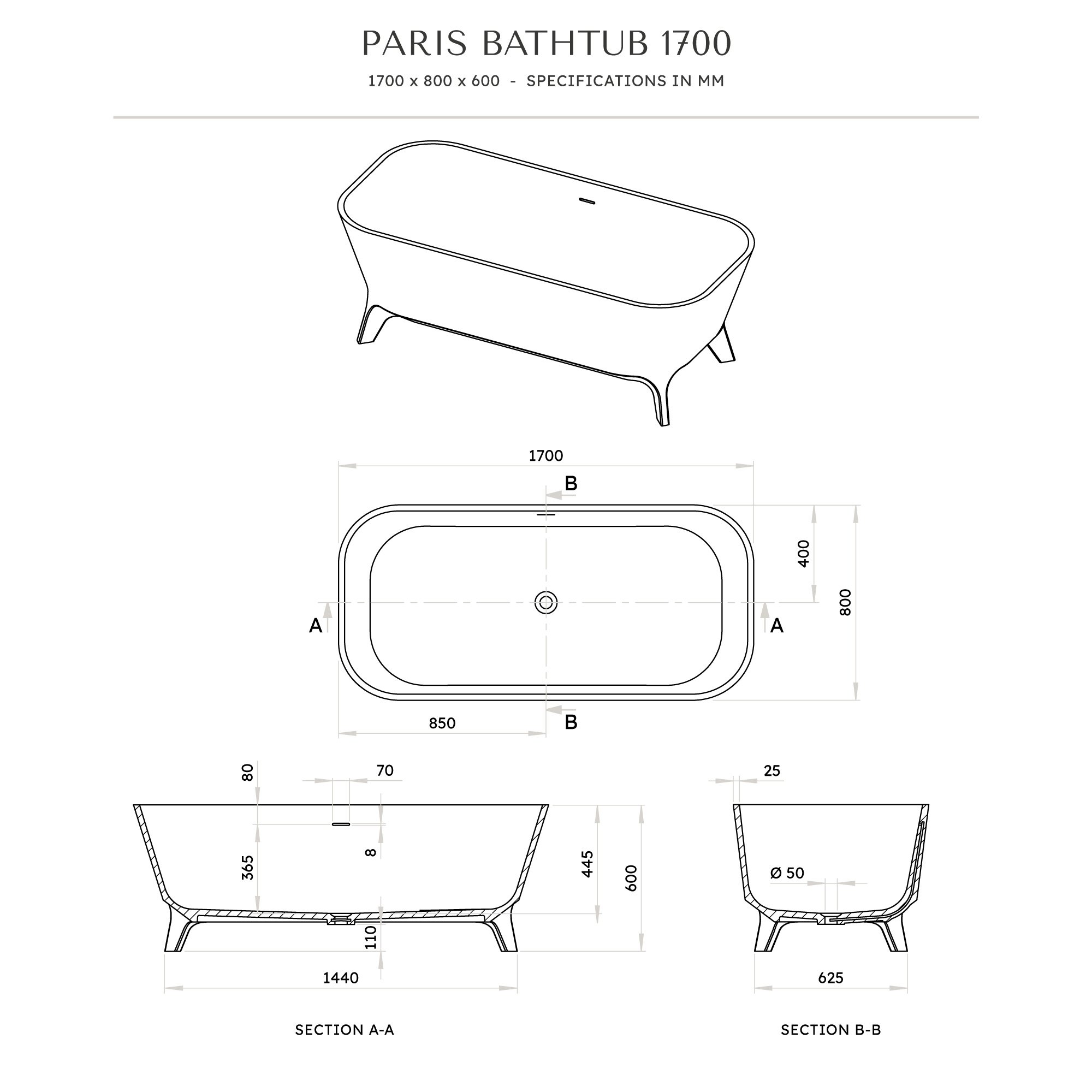 Paris Freestanding Stone Bath 1700mm Aquaroc