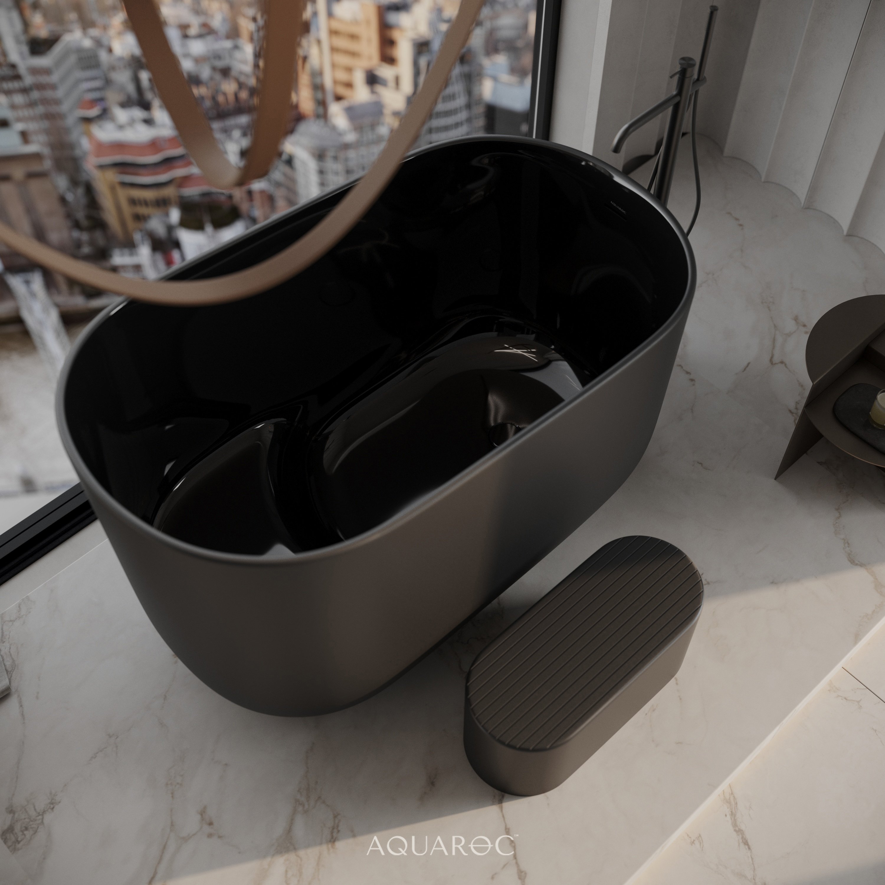 Soak Matte Black Freestanding Japanese Soaking Stone Bath 1350mm Aquaroc