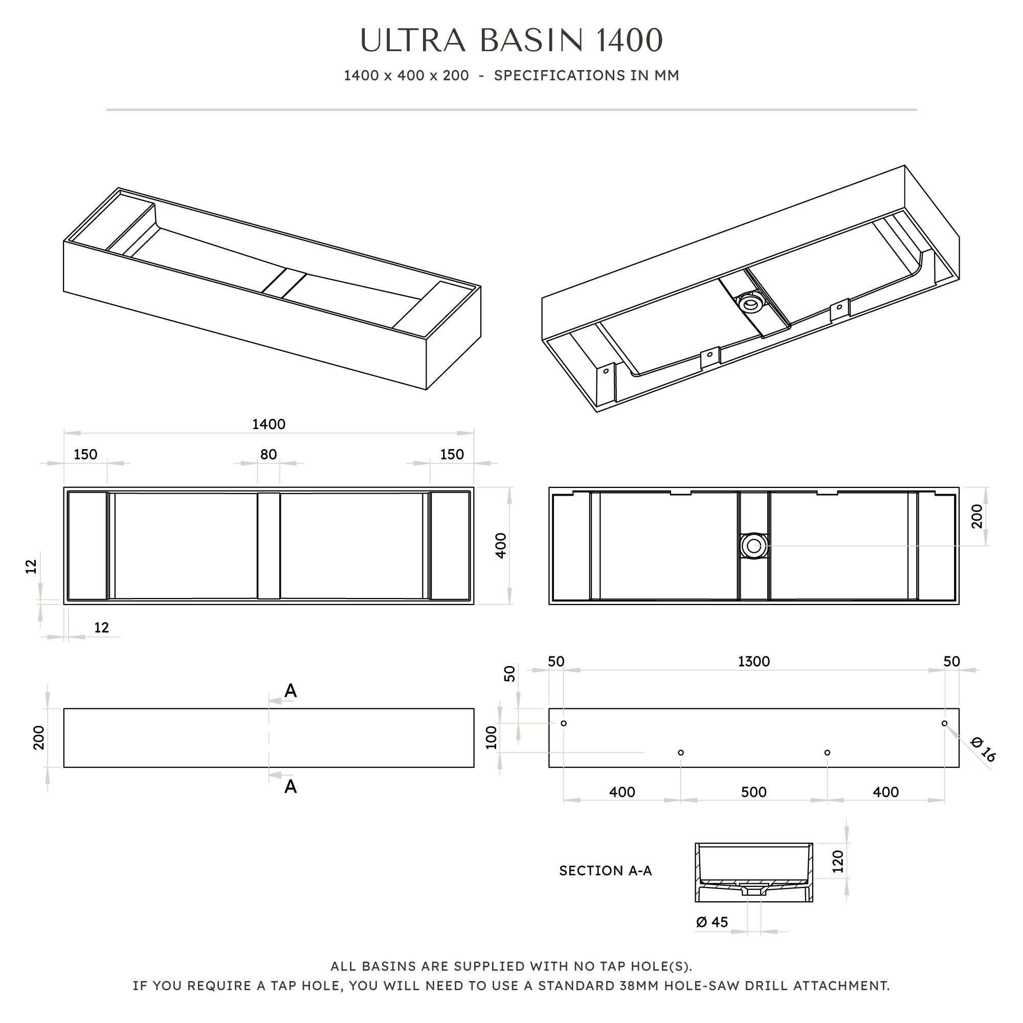 Ultra Wall Hung Double Stone Basin 1400mm Aquaroc