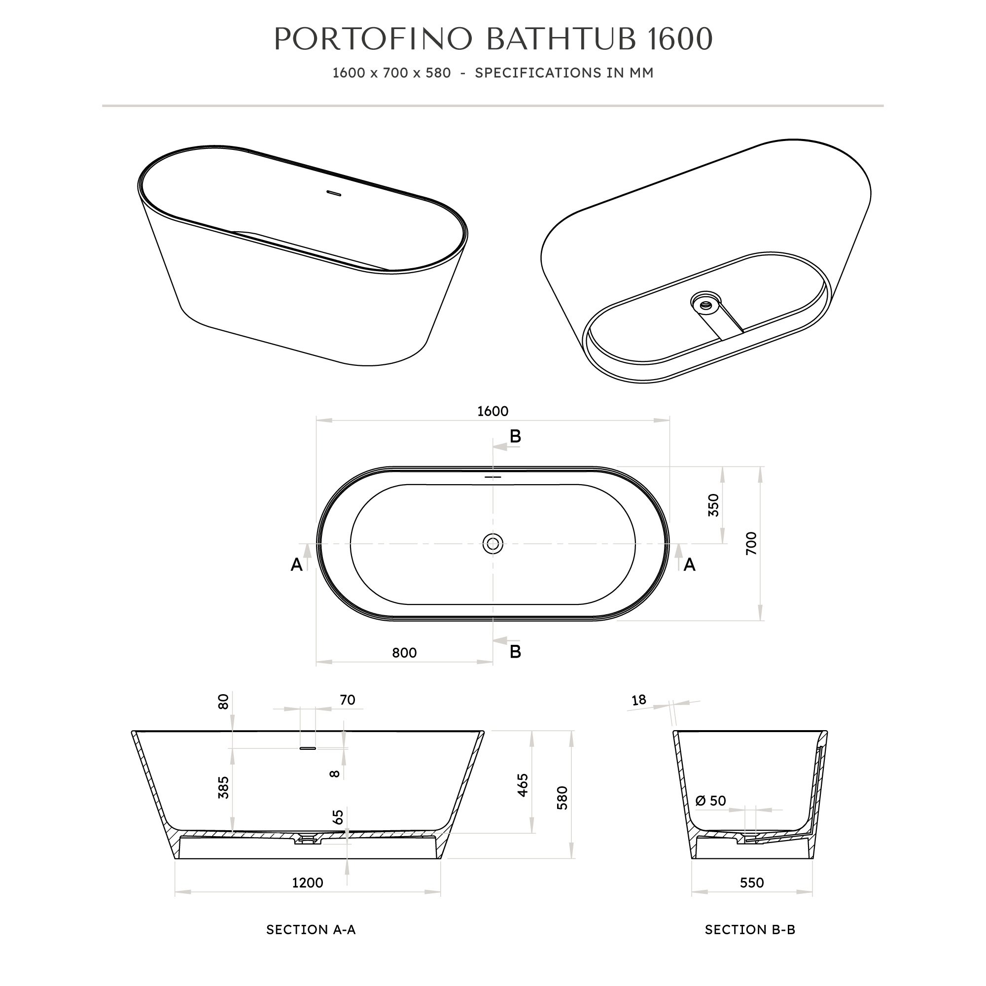 Portofino Freestanding Stone Bath 1600mm Aquaroc
