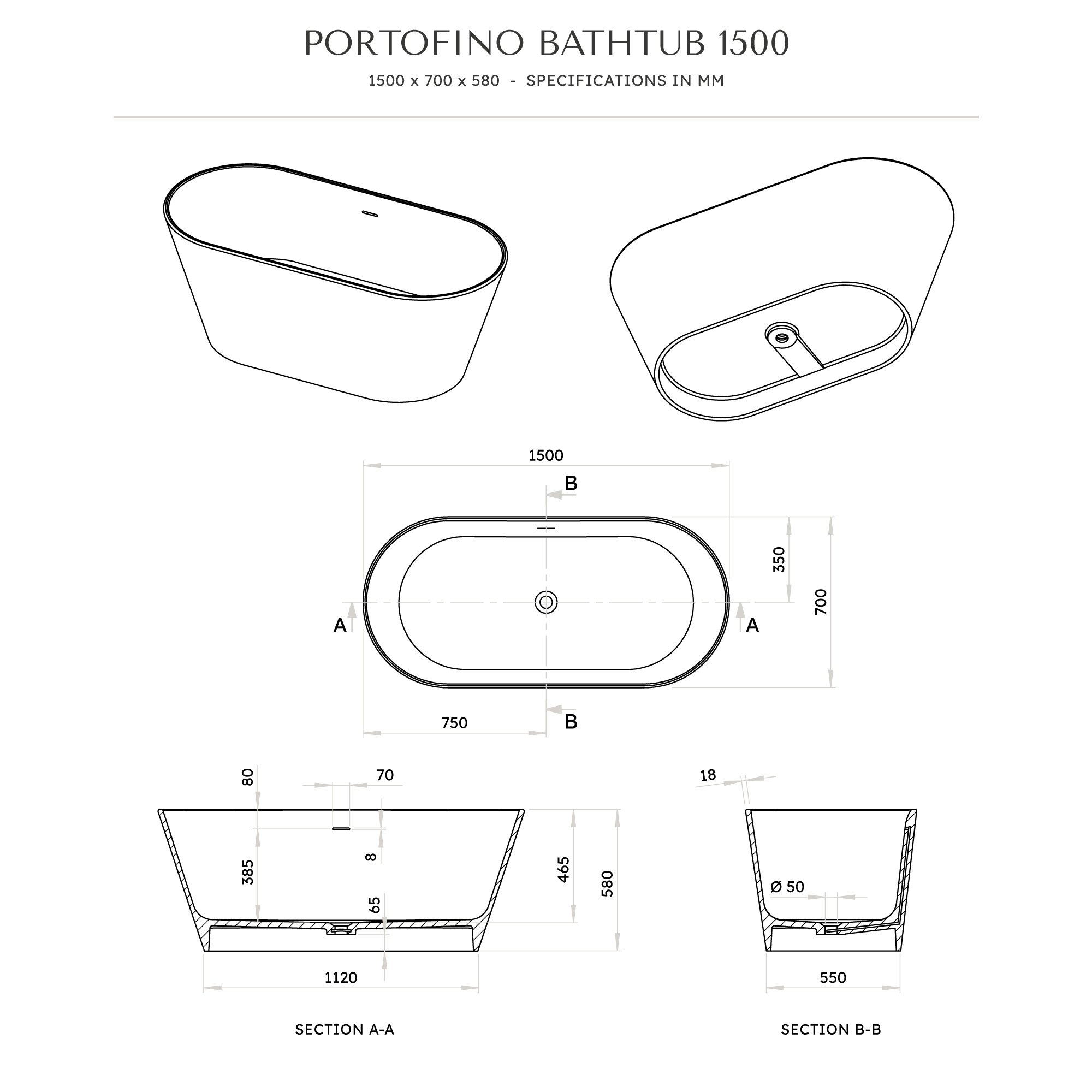 Portofino Freestanding Stone Bath 1500mm Aquaroc