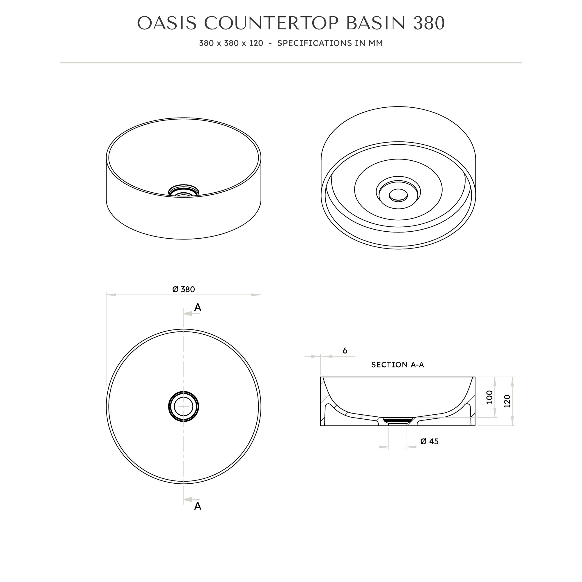 Oasis Round Countertop Stone Basin 380mm Aquaroc