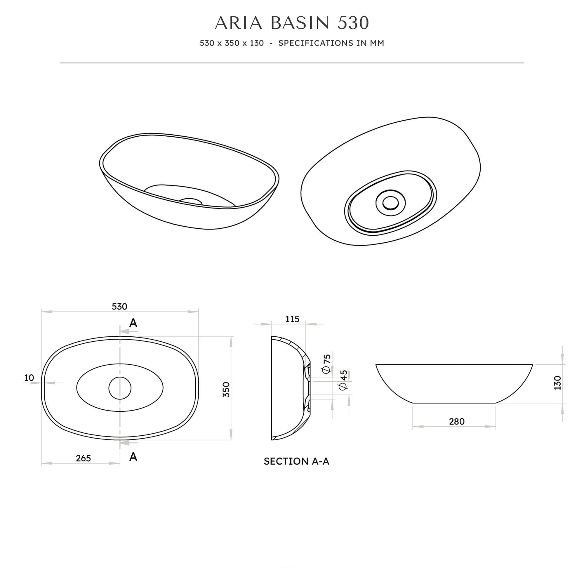 Aria Solid Surface Stone Resin Countertop Basin 530 Aquaroc