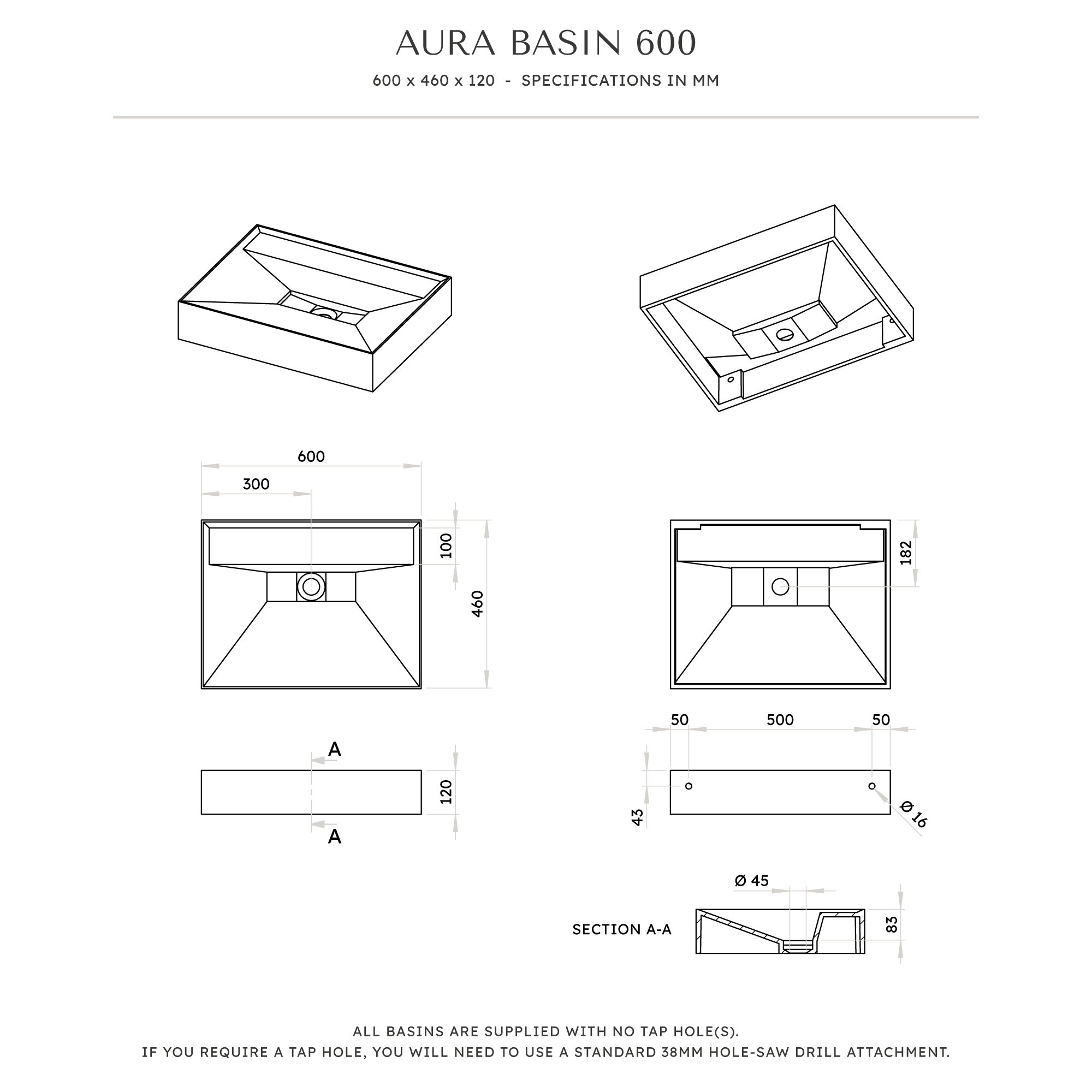 Aura Wall Hung Stone Basin 600mm Aquaroc