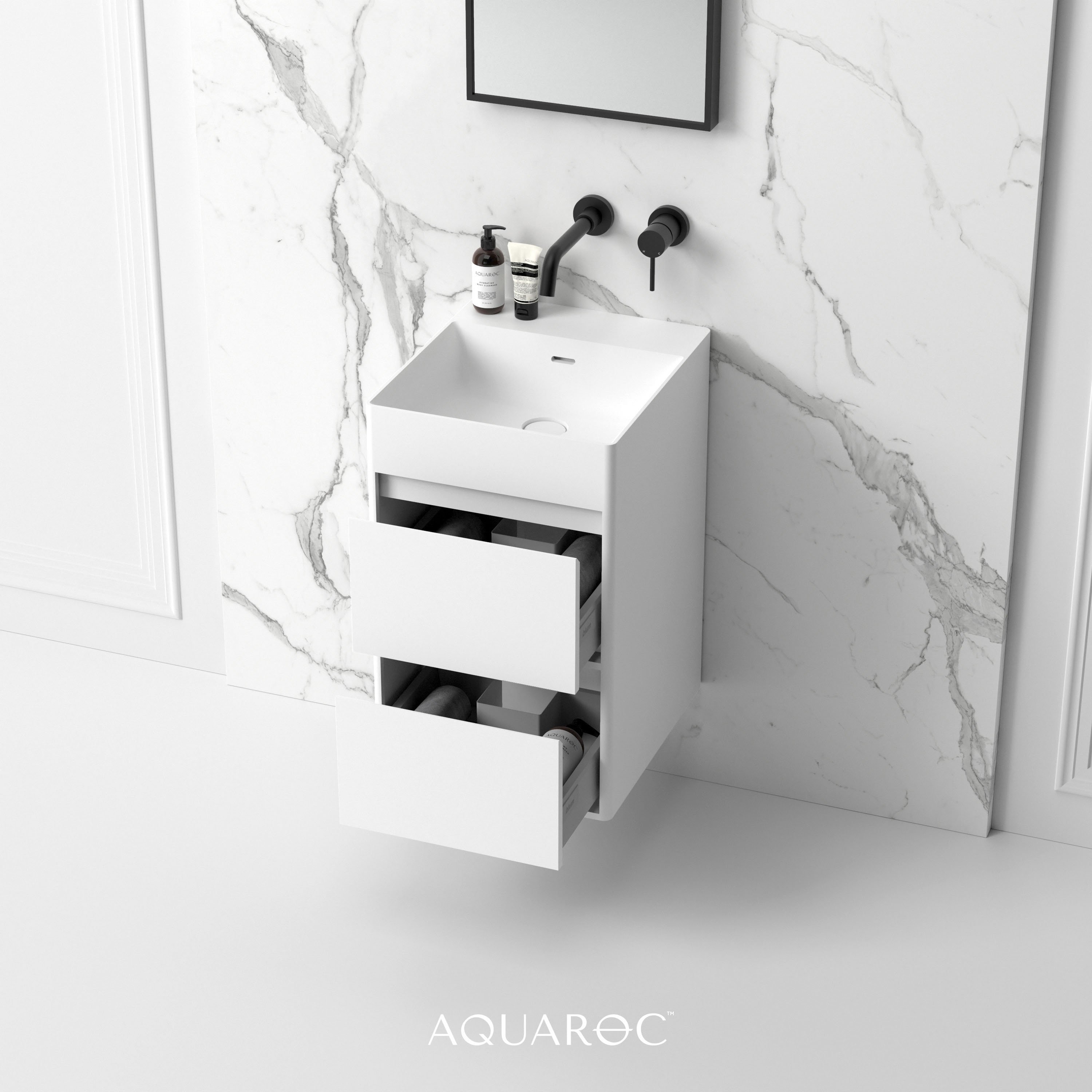 Monza Solid Surface Stone Resin Wall Hung Double Drawer Vanity Unit 400