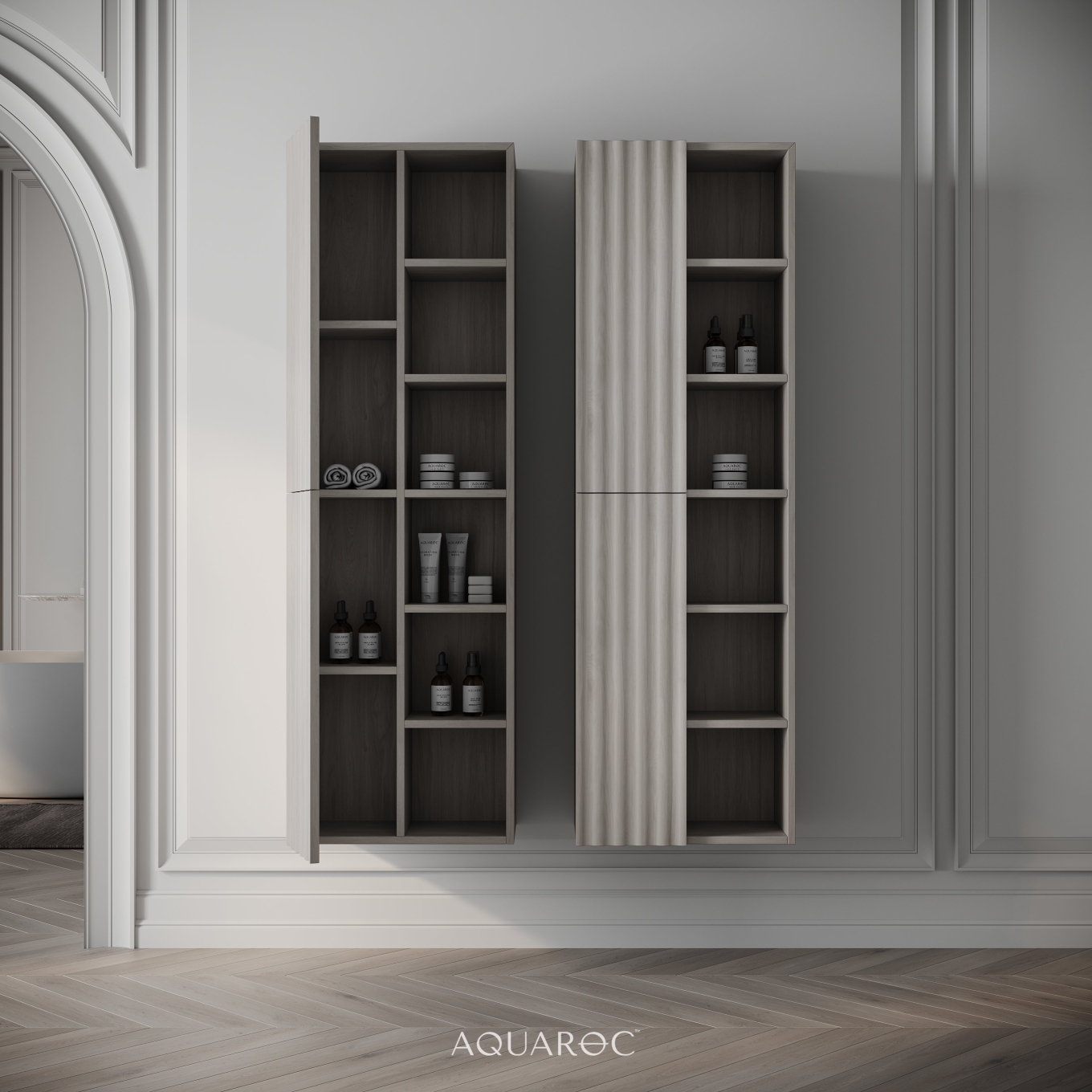 Fluted Storage Unit Wall Hung Fluted Bathroom Storage Unit 500mm Sabbia Grigio From Aquaroc